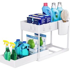 Organizator Extensibil Sub Chiuveta Simply Joy, Sertar Glisant, 4 Carlige, pentru Bucatarie si Baie, Usor de instalat, Material metal si ABS Premium, Rezistent, Durabil, Alb