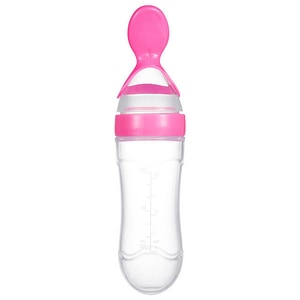 Dispozitiv hranire SuperBebeShop, Forma de sticla, Din silicon, Cu lingurita, Roz