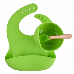Set hranire SuperBebeShop, Bol, bavetica si lingurita, Din silicon, Verde neon