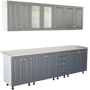 Bucatarie Zebra, 260 cm, din MDF, Gri, cu blat termoizolant culoare Marmura
