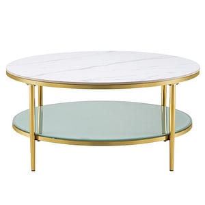 Masuta de cafea DacEnergy, fabricata din otel, placa de piatra, sticla securizata, cu doua niveluri, rotunda, 100 x 45 cm, gold crom-auriu si marmura deschisa