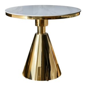 Masuta de cafea DacEnergy, picior central din otel finisat in auriu, blatul din placa de piatra solida in decor de marmura alba, rotunda, fixa, 80 x 75 cm