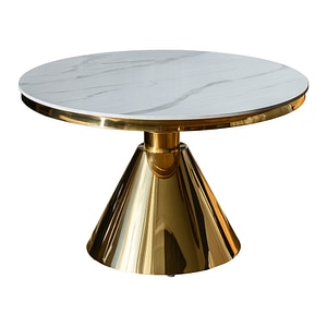 Masuta de cafea DacEnergy, picior central din otel finisat in auriu, blatul din placa de piatra solida in decor de marmura alba, rotunda, fixa, 80 x 53 cm
