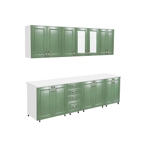 Bucatarie Zebra, 260 cm, din MDF, Verde, cu blat termoizolant alb