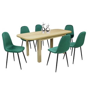 Set masa extensibila cu 6 scaune bucatarie Roma Stejar & Rya, material textil, Verde
