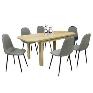 Set masa extensibila cu 6 scaune bucatarie Roma Stejar & Rya, material textil, Gri