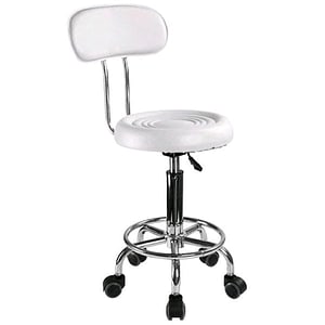 Scaun hidraulic cu spatar si roti, Alb, Taburet rotativ, Pentru salon cosmetica, Frizerie, Coafor, Piele eco, Suport  picioare, set 3 buc