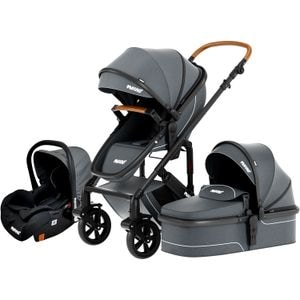 Carucior 3 in 1 pentru bebelusi Mavio Adventure, Landou Reversibil, Inclinare Sezut, Scoica, Roti cu Suspensie, Sistem Blocare, Greutate Maxima 25 kg, Pliabil, 0 - 36 luni, Gri