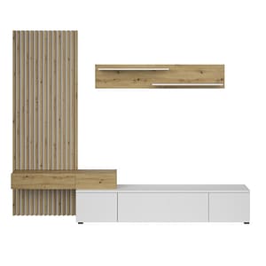 Mobila living DacEnergy, realizat din PAL melaminat, panou lamelar, un dulap suspendat, un raft suspendat si o masuta TV, 249,5 x 42 x 199,5 cm
