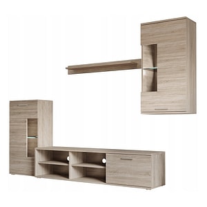 Mobila living DacEnergy, realizata din PAL si sticla, cu iluminare LED, 230 x 38,5 x 190 cm, finisaj stejar sonoma