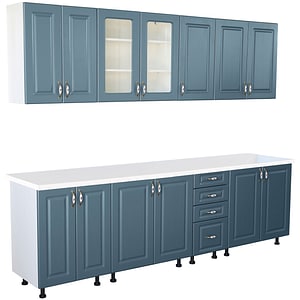 Bucatarie Zebra, 260 cm, din MDF, Albastru, cu blat termoizolant alb
