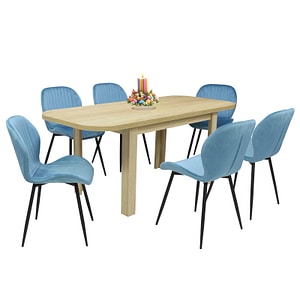 Set masa extensibila cu 6 scaune bucatarie Roma, Stejar & Opal, Blue