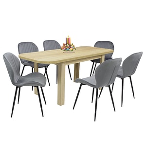 Set masa extensibila cu 6 scaune bucatarie Roma, Stejar & Opal, Gri