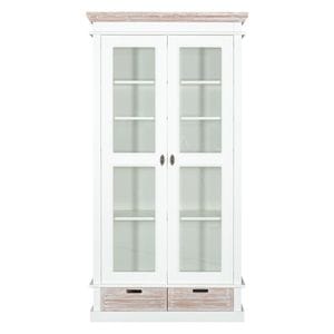Vitrina cu 2 usi si 2 sertare cortina, alb si natur, 102.8 cm