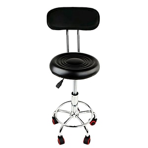 Scaun hidraulic cu spatar si roti, Negru, Taburet rotativ, Pentru salon cosmetica, frizerie, Piele eco, Suport picioare