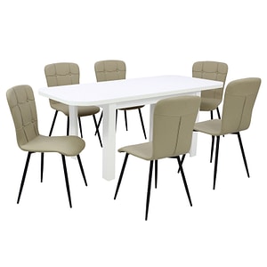 Set masa extensibila cu 6 scaune bucatarie, Roma Alba & Luca piele ecologica, Crem
