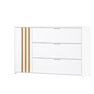 Comoda moderna, lux, alba, maro, din PAL, MDF, margini ABS, cu o usa si 3 sertare, un raft interior, ideala pentru dormitor, living, 125x35x79, 5 cm