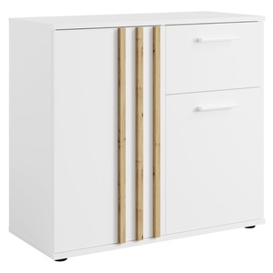 Comoda, culoare alb, stejar, din PAL laminat, MDF, cu 2 usi si un sertar, polita, design modern si elegant, living, dormitor, 80x35x73 cm