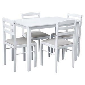 Set de sufragerie DacEnergy, realizat din MDF si furnir, scaunele tapitate din tesatura bej-gri, pentru 4 persoane, 110,5 x 70,5 x 76 cm, alb