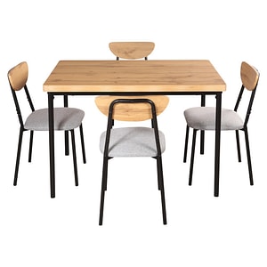 Set de bucatarie DacEnergy, structura metalica neagra, MDF, scaunele sunt tapitate cu material textil, o masa si patru scaune, 110 x 70 x 75,5 cm, gri