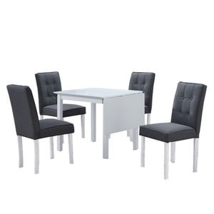 Set de bucatarie DacEnergy, realizat din MDF si lemn, masa extensibila, 75-115x75x75 cm, finisaj alb si gri, 4 scaune, tapitate, cu spatar