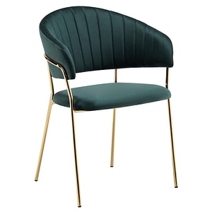 Scaun de sufragerie de design DacEnergy, cadru metalic, tesatura Velvet, spatar si cotierele matlasate, 58 x 53 x 81,5 cm, crom auriu si verde inchis
