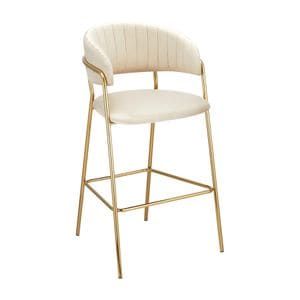 Scaun de bar de design DacEnergy, constructie metalica, tesatura Velvet, spatar si cotierele matlasate, design modern, 55 x 58 x 107 cm, bej si auriu