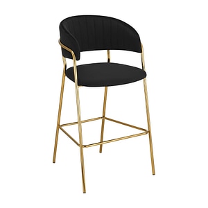Scaun de bar de design DacEnergy, constructie metalica, tesatura Velvet, spatar si cotierele matlasate, design modern, 55 x 58 x 107 cm, negru si auriu