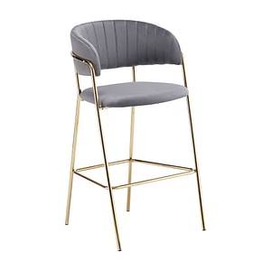 Scaun de bar de design DacEnergy, constructie metalica, tesatura Velvet, spatar si cotierele matlasate, design modern, 55 x 58 x 107 cm, gri-maro si auriu