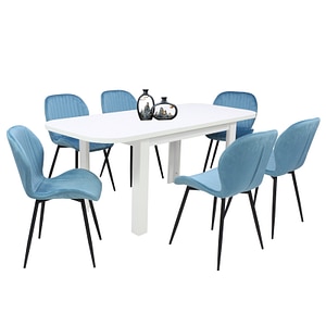 Set masa extensibila cu 6 scaune bucatarie, Roma Alba & Opal Blue