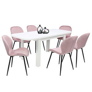 Set masa extensibila cu 6 scaune bucatarie, Roma Alba & Opal Roz