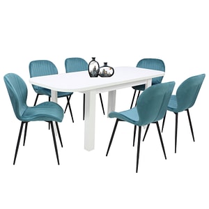 Set masa extensibila cu 6 scaune bucatarie, Roma Alba & Opal Turcoaz
