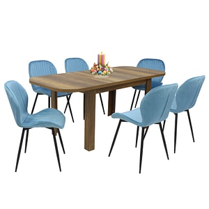 Set masa extensibila cu 6 scaune bucatarie, Roma Nuc & Opal Blue