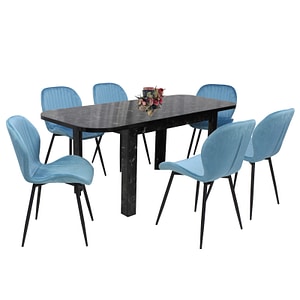 Set masa extensibila cu 6 scaune bucatarie, Roma Negru & Opal Blue
