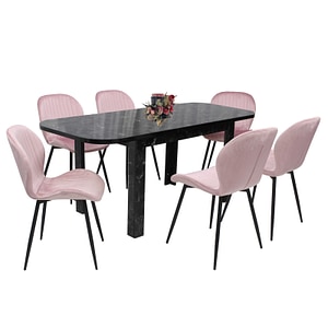 Set masa extensibila cu 6 scaune bucatarie, Roma Negru & Opal Roz