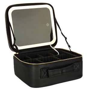Organizator de cosmetice, cu oglinda LED, impermeabil, din plastic, multiple compartimente ajustabile, maner detasabil pentru transport usor, negru