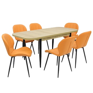 Set masa extensibila cu 6 scaune bucatarie, Viena Stejar & Topaz Portocaliu, piele ecologica 
