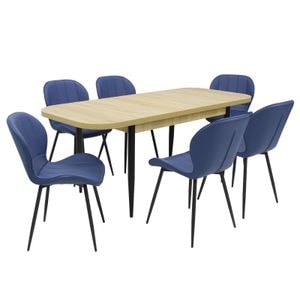 Set masa extensibila cu 6 scaune bucatarie, Viena Stejar & Topaz Albastru, piele ecologica