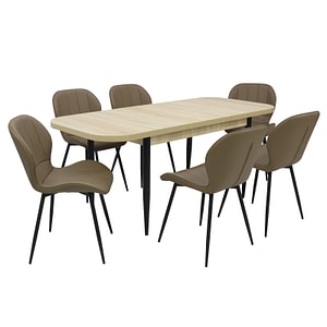 Set masa extensibila cu 6 scaune bucatarie, Viena Stejar & Topaz Capucino, piele ecologica