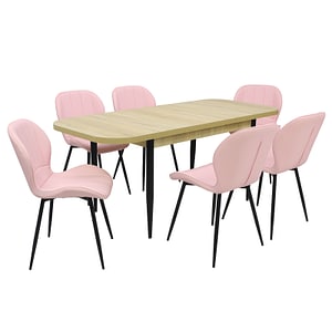 Set masa extensibila cu 6 scaune bucatarie, Viena Stejar & Topaz Roz, piele ecologica