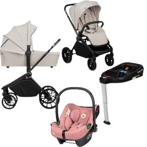 Carucior 4 in 1 Lionelo Mika Plus, Cu scoica auto Roz testata ADAC + Baza Isofix, Reversibil,  Cu accesorii, Pana la 22 kg, EN1888-1 EN1888-2 EN1466 ECE R129, Bej 