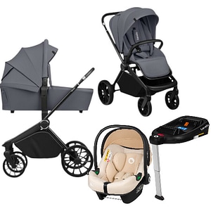 Carucior 4 in 1 Lionelo Mika Plus, Cu scoica auto Bej testata ADAC + Baza Isofix, Reversibil, Cu accesorii, Pana la 22 kg, EN1888-1 EN1888-2 EN1466 ECE R129, Gri