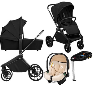 Carucior 4 in 1 Lionelo Mika Plus, Cu scoica auto Bej testata ADAC + Baza Isofix, Reversibil, Cu accesorii, Pana la 22 kg, EN1888-1 EN1888-2 EN1466 ECE R129, Negru