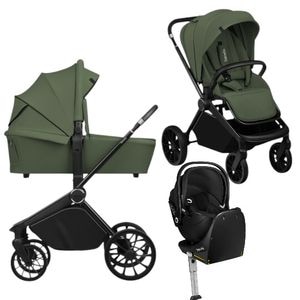 Carucior 4 in 1 Lionelo Mika Plus, Cu scoica auto Moxie Black Carbon cu baza rotativa 360, Reversibil, Cu accesorii, Pana la 22 kg, EN1888-1 EN1888-2 EN1466 ECE R129, Verde