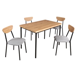 Set de sufragerie, masa si 4 scaune, stejar deschis gri, negru, MDF, tesatura, metal, calitativ, design modern, ideal pentru bucatarie, living, 110x70x75, 5 cm