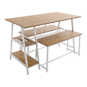Set dining, masa cu doua banci, MDF laminat, metal, cu rafturi, cu suport pentru sticle,  design modern, living, bucatarie, terasa, 120x60x75 cm, stejar, alb