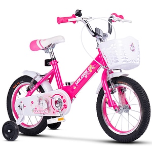 Bicicleta copii Kids BMX Princess JSX1402, 3-5 ani, roti 14", frane V-Brake fata spate, cauciucuri late tip MTB, roti ajutatoare, fucsia