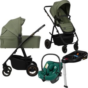 Carucior 4 in 1 Lionelo Amber Plus, Cu scoica auto Verde testata ADAC +Baza Isofix, Reversibil, Maner ajustabil, Pana la 22 kg, EN1888-1, EN1888-2, EN1466, ECE R129, Verde