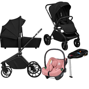 Carucior 4 in 1 Lionelo Mika Plus, Cu scoica auto Roz testata ADAC + Baza Isofix, Reversibil, Cu sistem de ventilatie 3D, Pana la 22 kg, EN1888-1 EN1888-2 EN1466 ECE R129, Negru