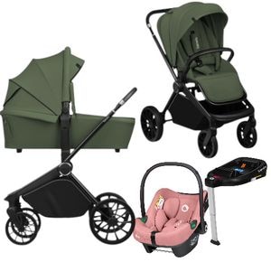 Carucior 4 in 1 Lionelo Mika Plus, Cu scoica auto Roz testata ADAC + Baza Isofix, Reversibil, Cu sistem de ventilatie 3D, Pana la 22 kg, EN1888-1 EN1888-2 EN1466 ECE R129, Verde